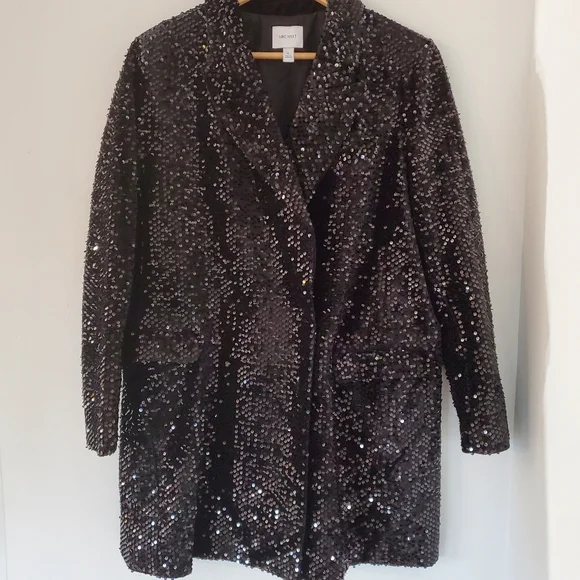 NINE WEST Sz XL Black Sequins Blazer 36" Mini Dress LS Collar Glitzy NYE EUC - Picture 6 of 16
